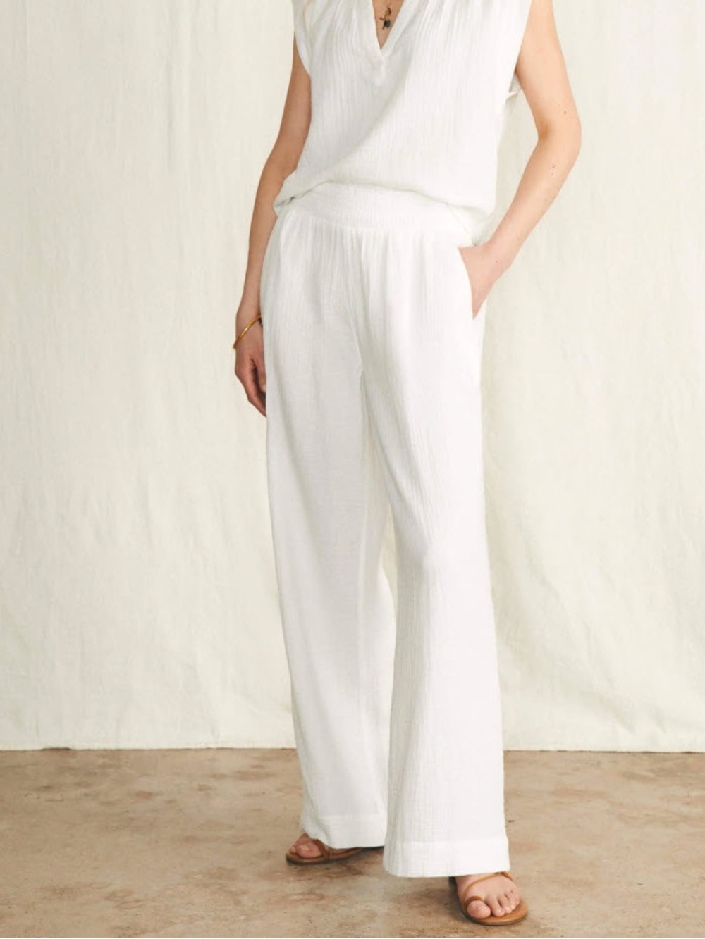 Faherty White Wide-Leg Pull-On Linen Pants